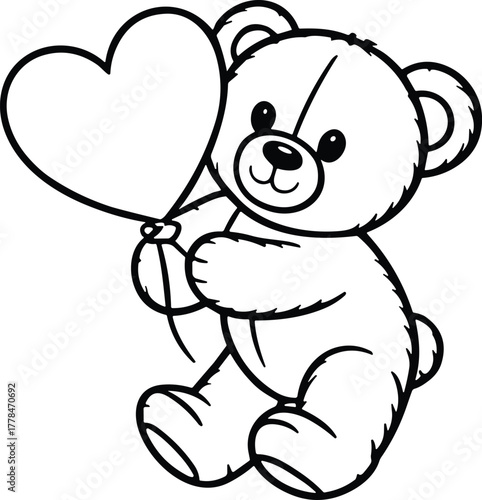 Black outline teddy bear holding a heart shaped balloon