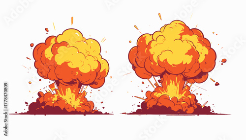 Two vibrant cartoon explosions on white. Each portrays a mushroom cloud of orange and yellow fire