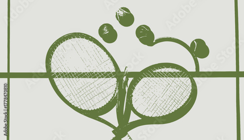 Tennis racket graphic with balls, a dark green image on a light grey background with horizontal and vertical lines
