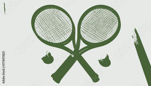 Artistic depiction of crossed rackets, two balls, and stylized brushstrokes in green on a light grey background