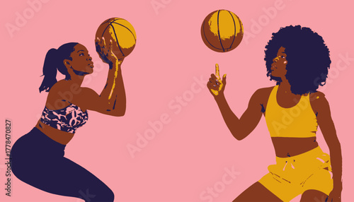 Illustration of two women playing basketball on a pink background. One is shooting a ball