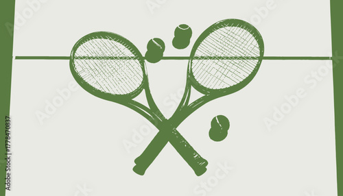 A stylized illustration features green tennis rackets crossed with tennis balls against a neutral backdrop