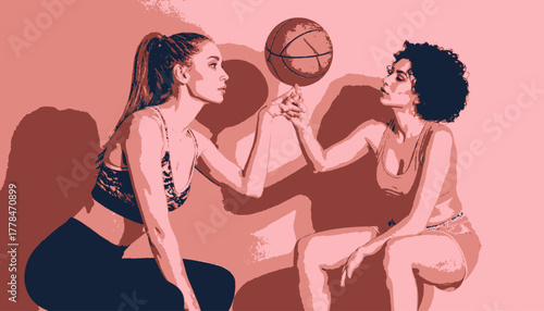 Two women in athletic attire, looking at a basketball spun on a fingertip