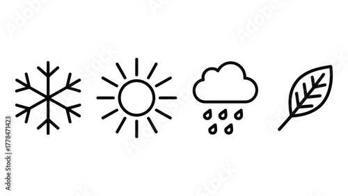 Minimalist Weather and Season Icons Pack: Snowflake, Sun, Rain, Leaf Symbols.