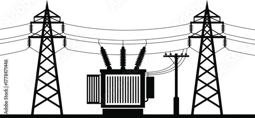 Electrical Power Grid: Pylon Towers, Transformer, and Transmission Line Silhouette.