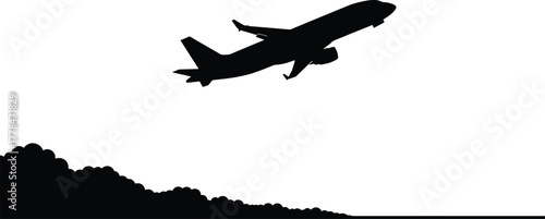 Airplane takeoff silhouette, flight motion, smoke trail, aviation icon, black design, upward angle, travel concept, minimal style, jet ascent