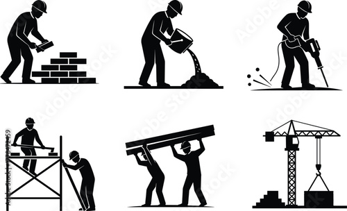 Construction workers silhouettes vector set, building industry icons with crane, scaffolding, pouring concrete, teamwork, heavy tools, industrial labor concept illustration design