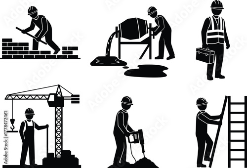 Construction workers silhouettes vector set, industrial labor icons with tools and machinery, builder teamwork, crane operator, concrete mixer, ladder, construction site illustration design