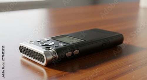Digital voice recorder placed on wooden desk in natural light.