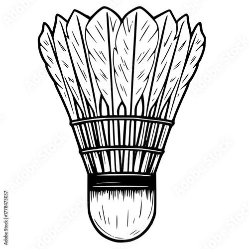 Black line art illustration of a badminton shuttlecock (birdie) seen straight on, featuring detailed feathers and the cork base in a vintage engraving style.