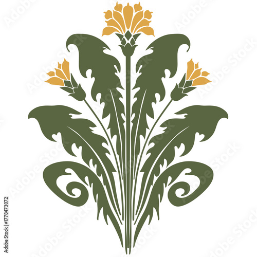 Graphic, colorful illustration in a stylized Art Nouveau or Art Deco style, featuring a dense bouquet of thistle-like flowers and large, dark olive green foliage.