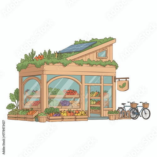 Illustration of an eco-friendly store building with solar panels and a green roof