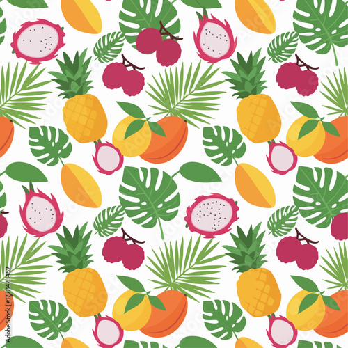 Tropical fruits seamless pattern with exotic palm and monstera leaves on white background. Vector illustration.