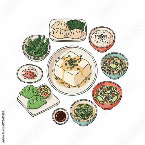 Asian Vegan Food Platter Illustration with Tofu, Gyoza, Rice, and Noodles