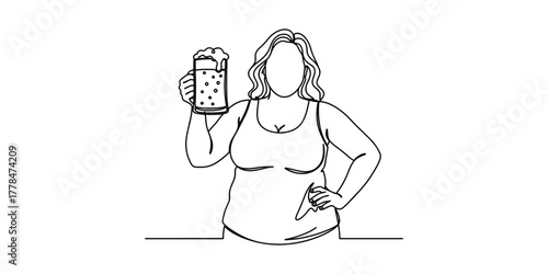 Minimalist one-line drawing of a confident woman holding a beer mug. Represents celebration, relaxation, and body positivity. Perfect for modern line art collections, lifestyle concepts.