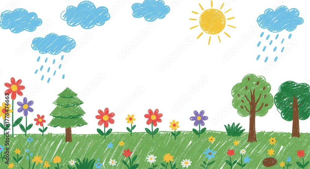 Fototapeta premium Vibrant hand drawn landscape illustration with colorful flowers trees and clouds