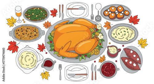 Flat lay illustration of a Thanksgiving dinner table with roasted turkey, various side dishes, and fall leaves on a white background.