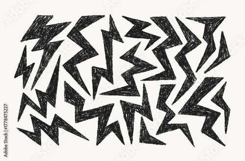 Crayon Lightning and Thunder Chalk Icons Set. Vector Hand Drawn Pencil Zig Zag Shapes Lightning Bolt in Retro Comics Style. Doodle Abstract Elements for Template, Promo and Web Design