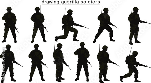Guerilla soldier silhouettes, combat poses, rifle icons, military gear, helmeted fighters, tactical stance, black design, warfare illustration, patrol movement