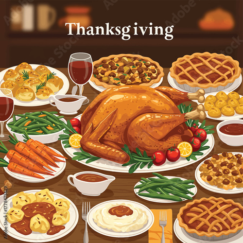 A festive Thanksgiving dinner table setting with a roasted turkey and various side dishes on a wooden table against a warm background.