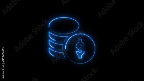 Animated blue neon dollar sign and stacks of coins illustrating financial concepts