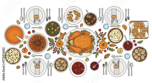Overhead view of a festive table setting with various dishes and utensils on a white background.