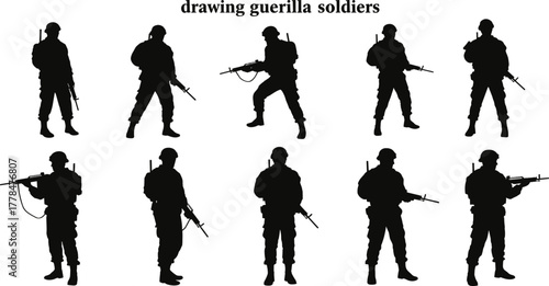 Guerilla soldier silhouettes, combat poses, rifle icons, tactical gear, helmeted fighters, black design, warfare illustration, crouching stance, patrol movement