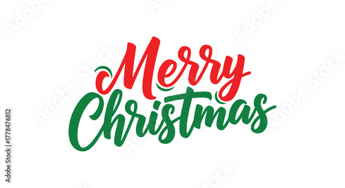 Merry christmas handwritten calligraphy text in festive red and green colors on white background