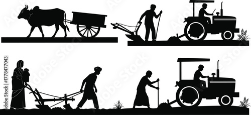 Traditional and modern agriculture silhouettes vector, farmers with oxen and tractors, rural lifestyle, field plowing, countryside work, agriculture illustration design