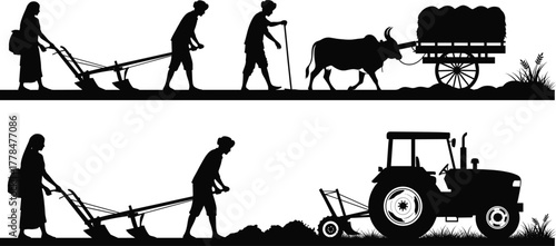 Traditional and modern farming silhouettes vector, farmers with oxen and tractor, agriculture work, rural lifestyle, field plowing, countryside farming illustration design