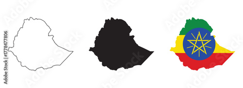 Ethiopia map vector set with editable country outline black silhouette and national flag design featuring green yellow red stripes and blue star emblem for education and geography use