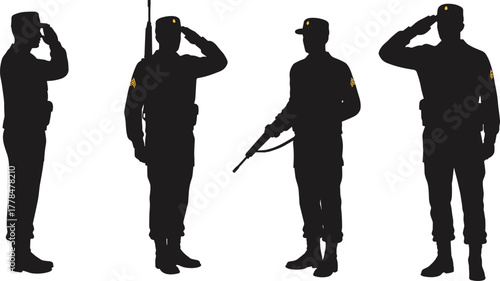 Military salute silhouettes, soldier icons, rifle posture, uniformed personnel, ceremonial stance, black design, honor guard, discipline, patriotism, armed forces