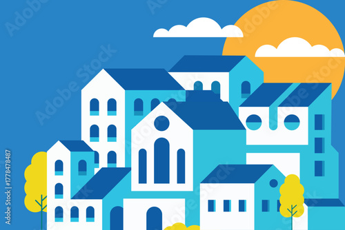 Flat illustration vector in bright blue colors. Geometric house background design	