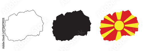 North Macedonia map vector set with editable country outline black silhouette and national flag design featuring red background with yellow sun rays for geography, education, and cultural projects
