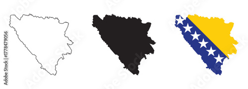 Bosnia and Herzegovina map vector set with editable country outline black silhouette and national flag featuring blue background with yellow triangle and white stars for geography and education use