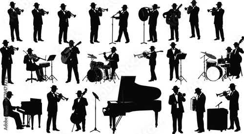 Musician silhouette set, jazz band, orchestra, musical instruments, trumpet, saxophone, piano, guitar, drums, violin, formal performance icons