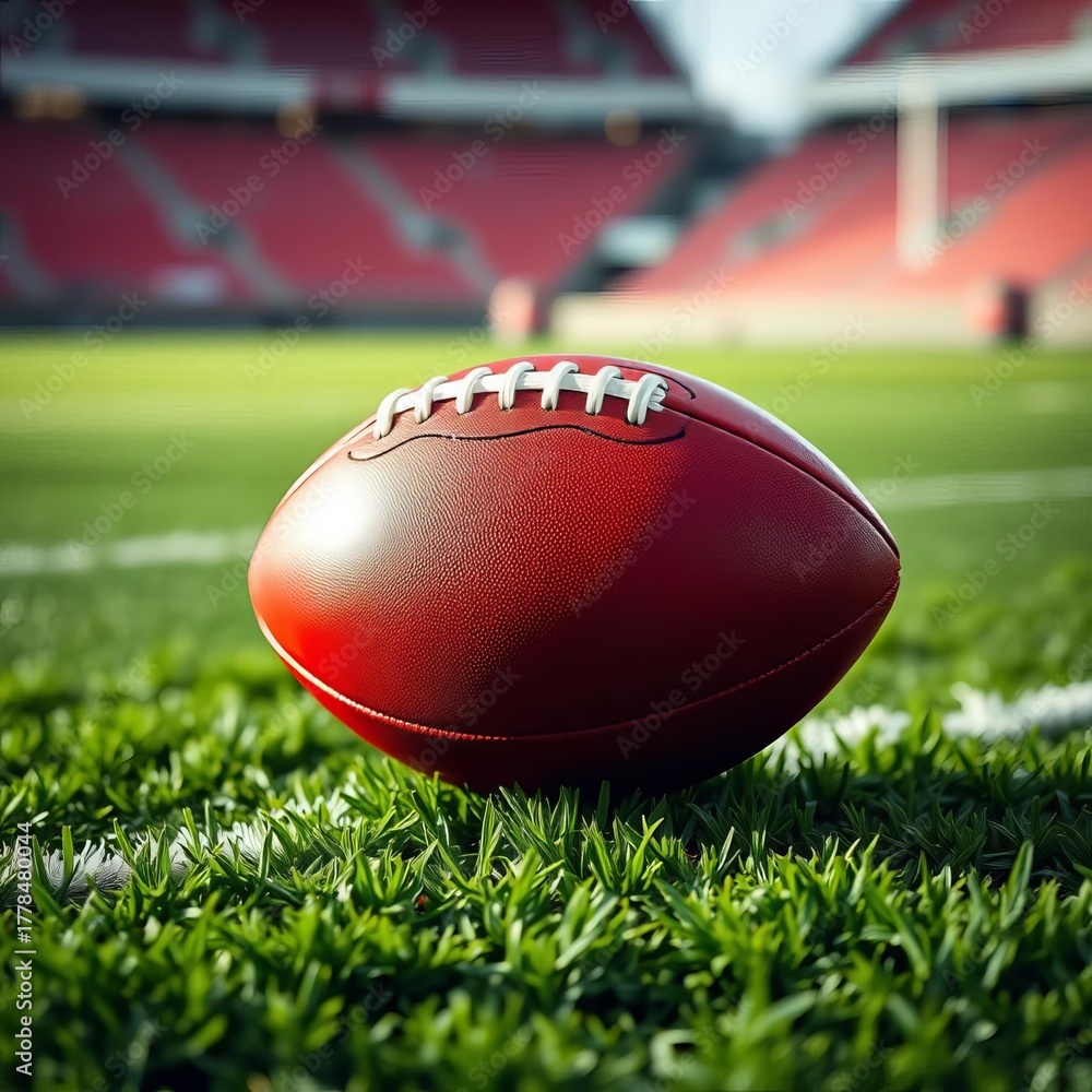 Obraz premium Gleaming pigskin on a green turf field, ready for action, American football, arena