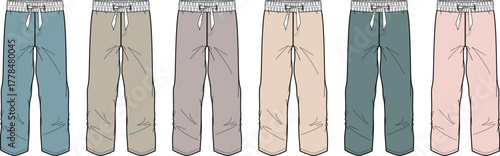 Collection of casual drawstring pants in various muted colors, perfect for everyday wear and comfort