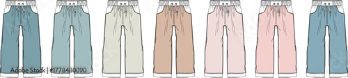 Versatile women's high-waist pants with a drawstring front. A technical flat sketch collection shown in multiple color options for apparel manufacturing