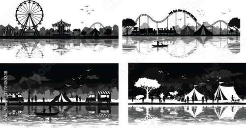 Outdoor recreation silhouettes, camping scene, amusement park, roller coaster, boat rowing, tents, nature icons, black design, water reflection, seasonal vibe