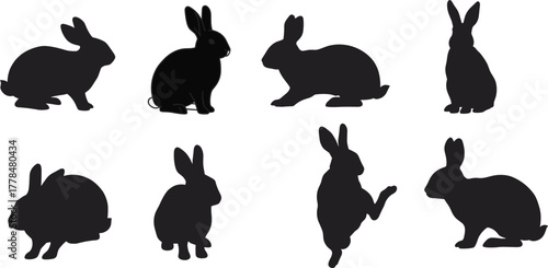 Rabbit silhouette set, black icons, animal poses, sitting bunny, crouching hare, hopping rabbit, wildlife design, minimal style, pet shapes