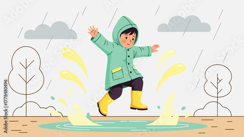 A happy child in a green raincoat and yellow boots joyfully jumps in a puddle on a rainy day, splashing water everywhere.