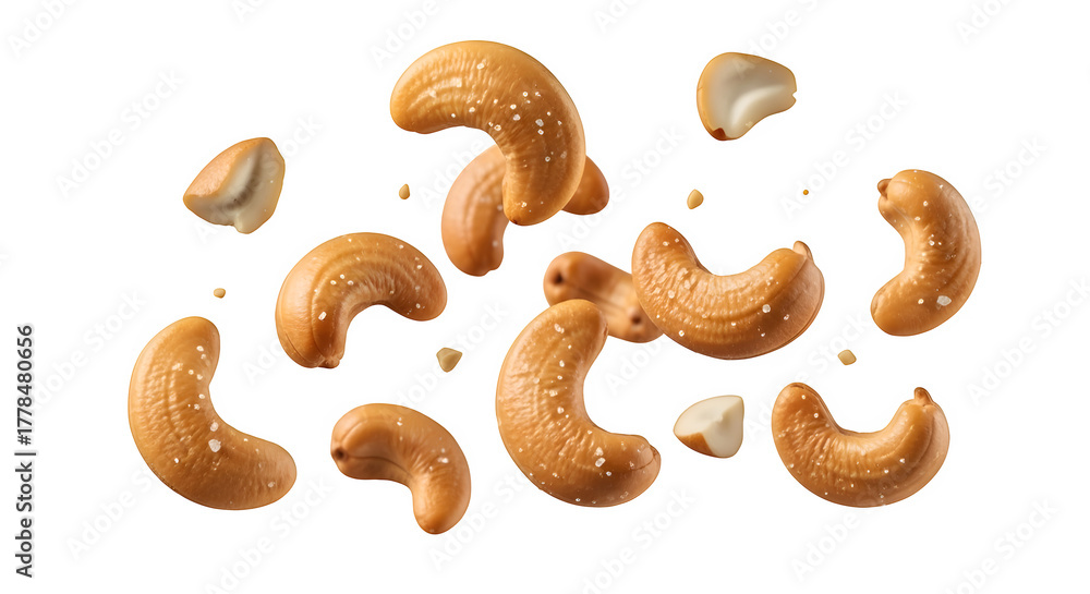 Fototapeta premium Salted cashews flying in the air isolated on transparent background