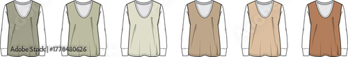 Collection of sleeveless women's tunic or vest illustrations showcasing a range of earthy and neutral color variations for fashion design and apparel concept development