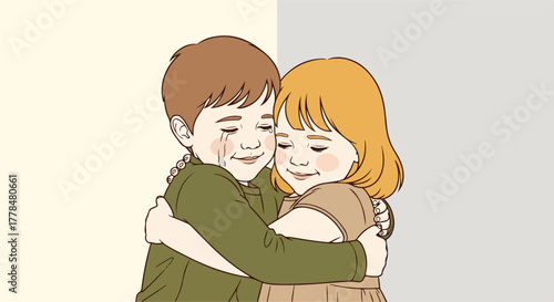 A tender illustration of two young children, a boy with a tear and a girl, embracing each other in a comforting hug, symbolizing emotional support.