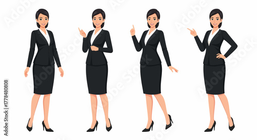 Four images of a businesswoman in a black suit pointing.