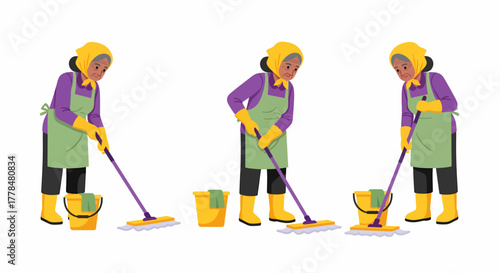 Three illustrations of an elderly woman in an apron and gloves mopping a floor with a bucket, performing cleaning duties.