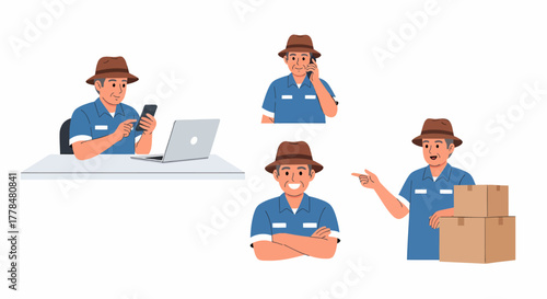 A man in a hat is shown in four different poses, including working on a laptop, talking on the phone, and holding packages.