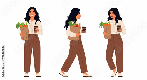 A young woman with dark hair holding groceries and a coffee cup in three different poses: front-facing, walking, and standing angled.