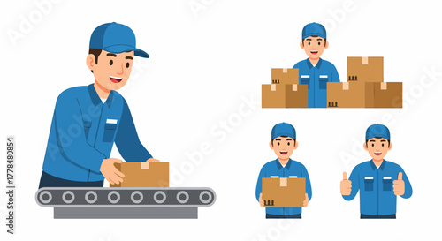 Cartoon delivery man in blue uniform handling boxes on a conveyor belt and holding packages.